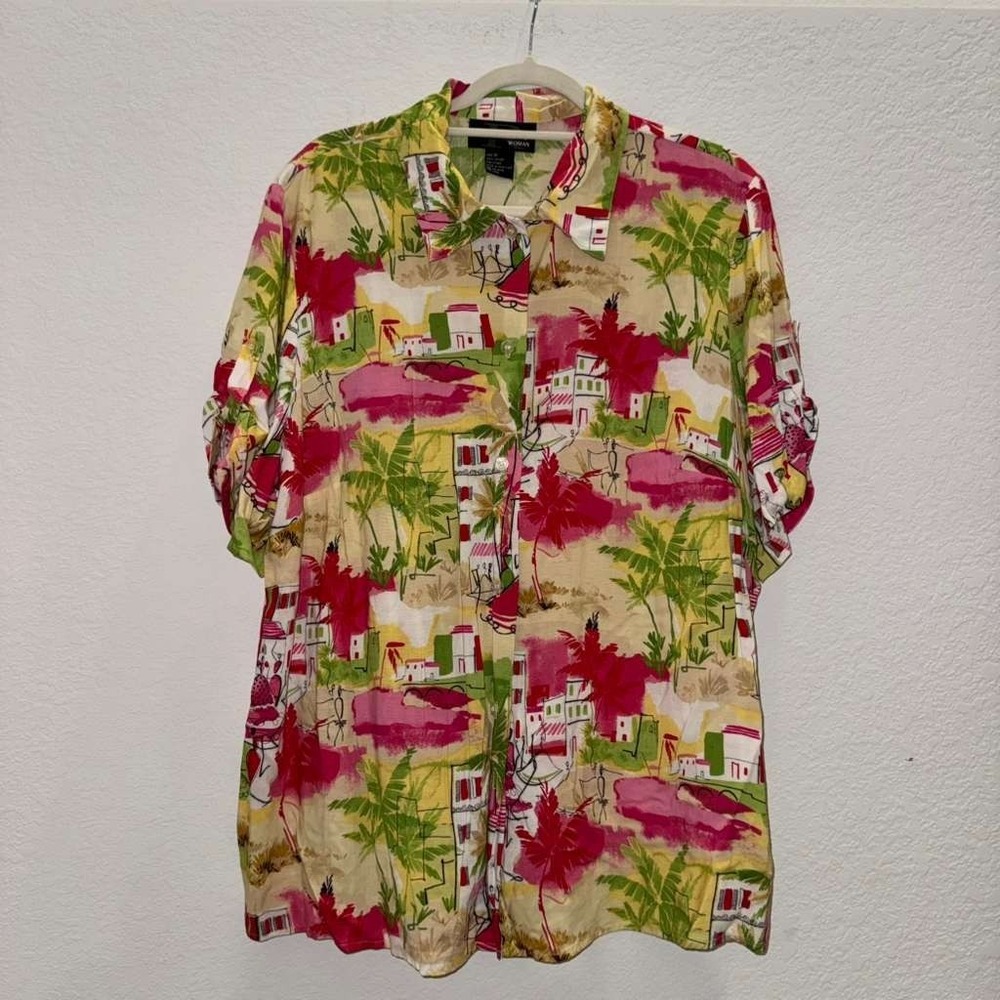 Requirements Women's Sz 1X Button Down Shirt Bright Artsy Hawaiian Print Resort